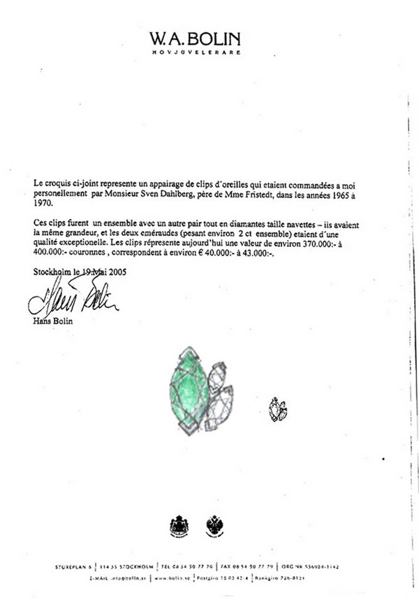 Certificat de W.A.Bolin,, le joaillier royal de Suede